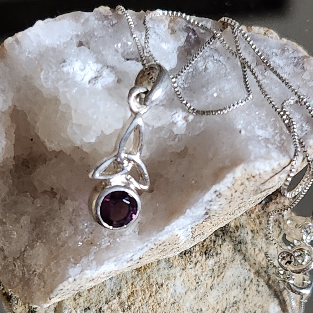 Women's 925 Rhodolite Garnet Celtic Knot Necklace on 925 18" Box Chain.